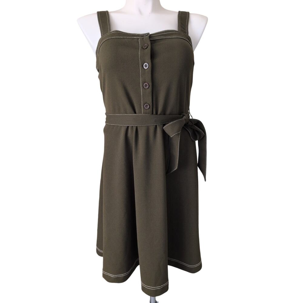 Green Midi Jumper Dress Large Square‎ Neck Minimalist Brunch Weekend Academia - Picture 2 of 7